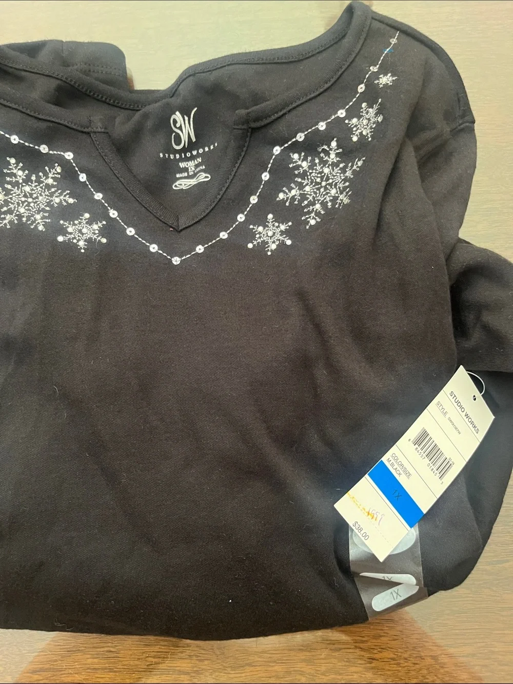 Studio Works Black Long-Sleeve V-Neck Top with Snowflake Embroidery